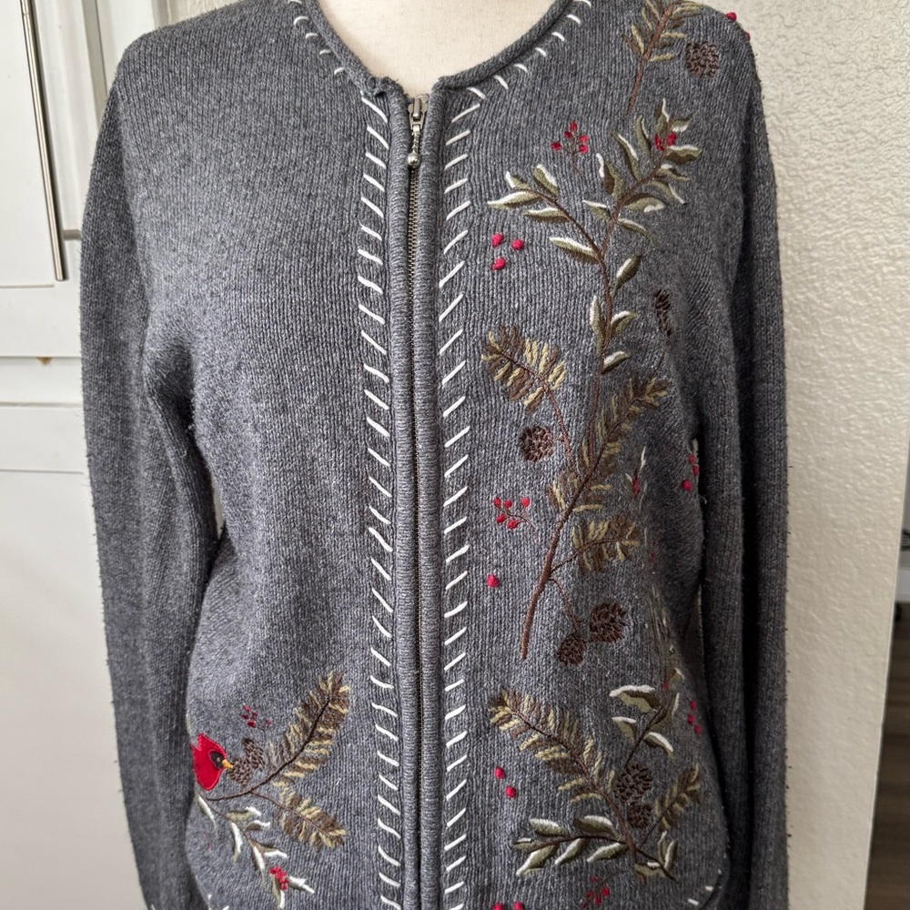 Croft & Borrow Embroidered Gray Bird Sweater